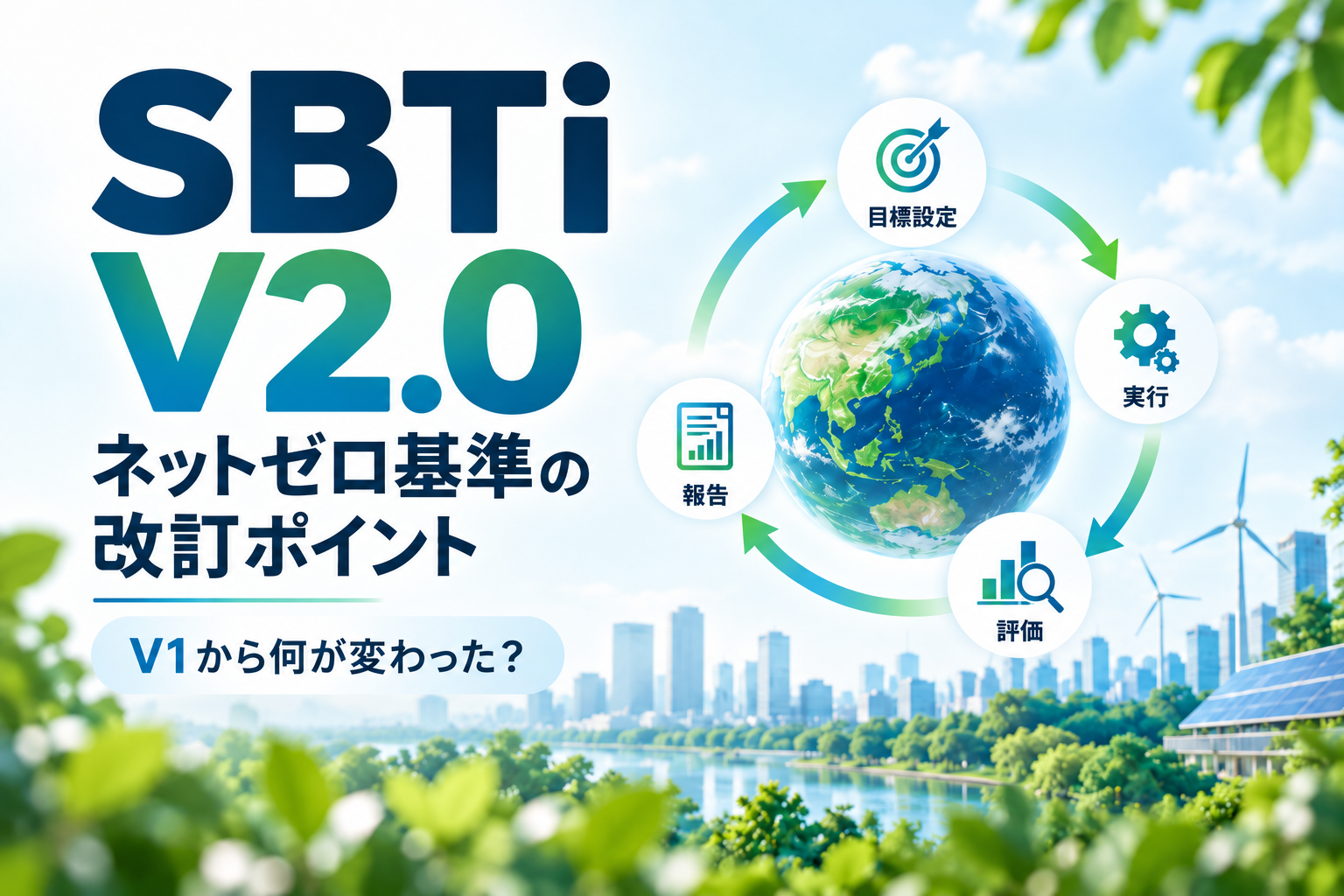 SBTネットゼロ基準V2.0の変更点を解説する記事のアイキャッチ画像。目標設定・実行・評価を5年ごとに繰り返すサイクルを図で示している